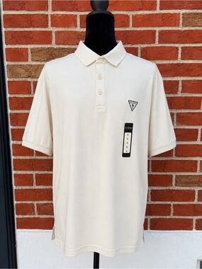GUESS Men's Cream/Off-White Polo with Subtle Logo